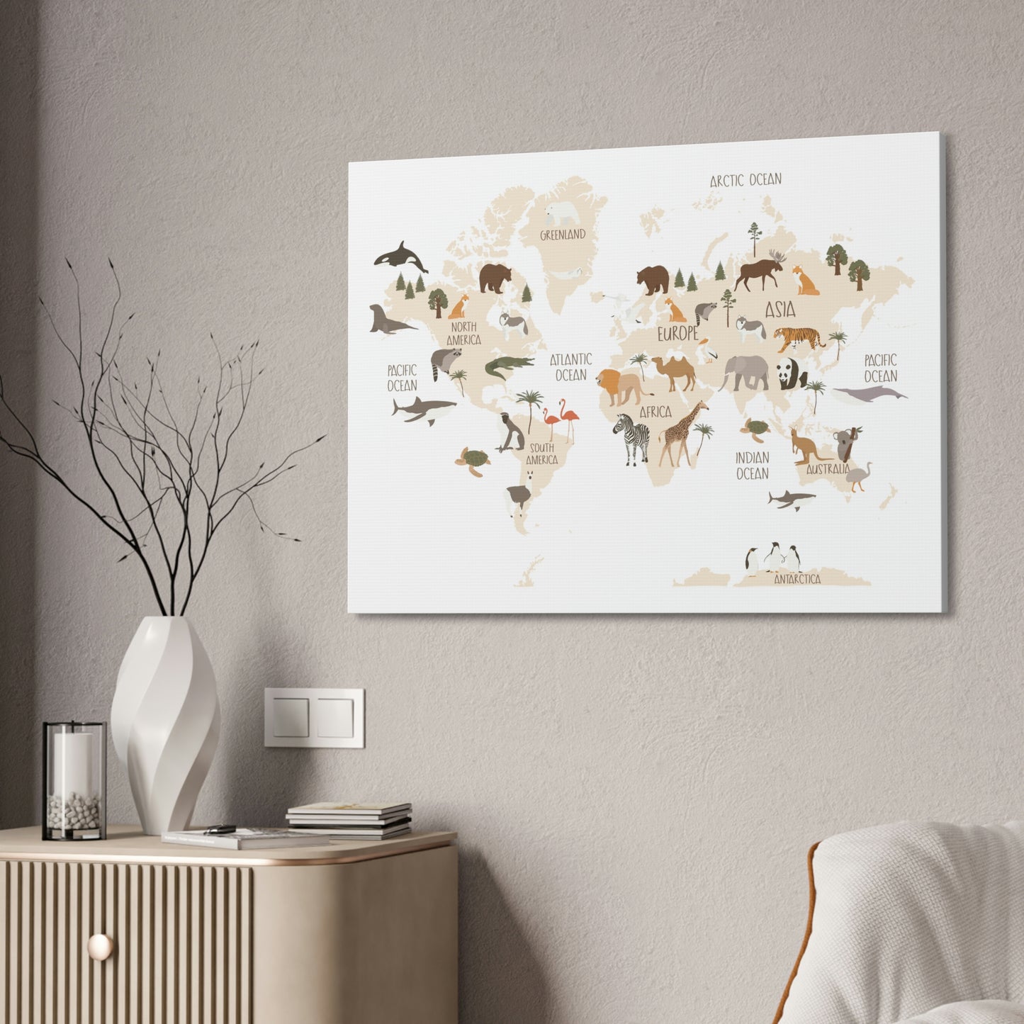 OVI Home Collection: Map of the World Children's Canvas Wall Art (Bright White)