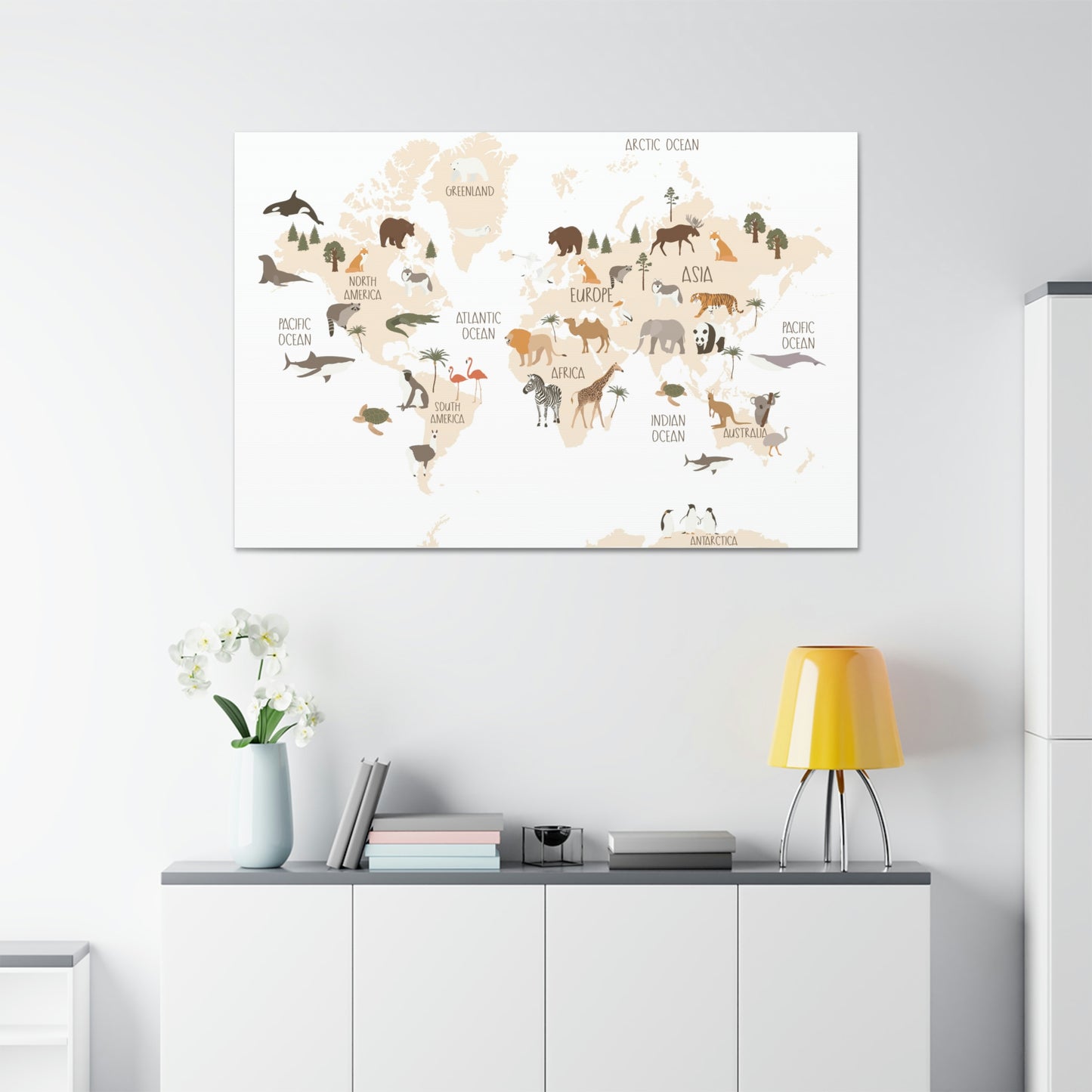 OVI Home Collection: Map of the World Children's Canvas Wall Art (Bright White)