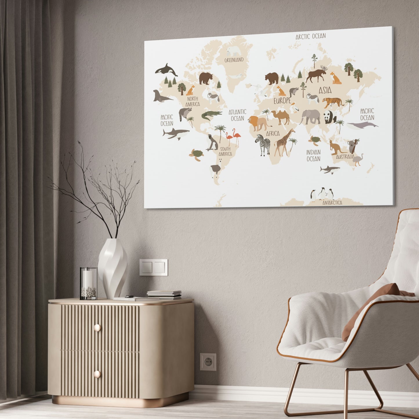 OVI Home Collection: Map of the World Children's Canvas Wall Art (Bright White)