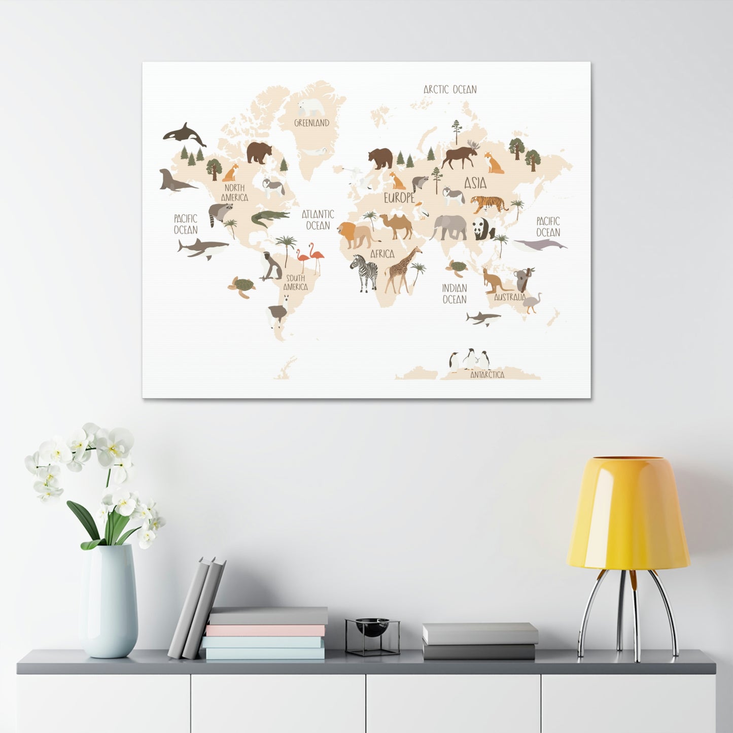 OVI Home Collection: Map of the World Children's Canvas Wall Art (Bright White)