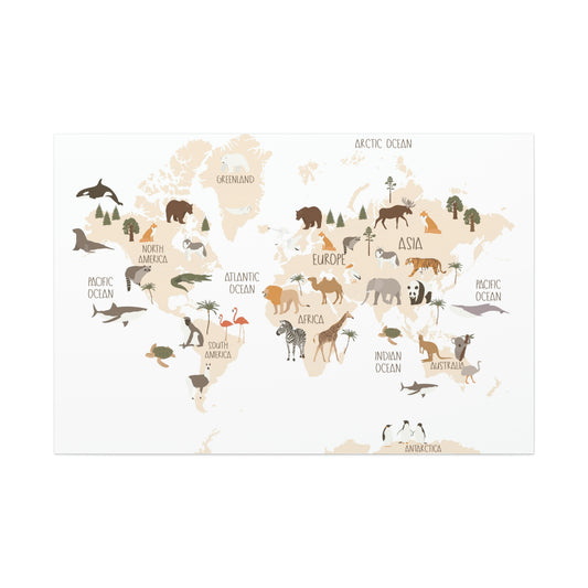 OVI Home Collection: Map of the World Children's Canvas Wall Art (Bright White)