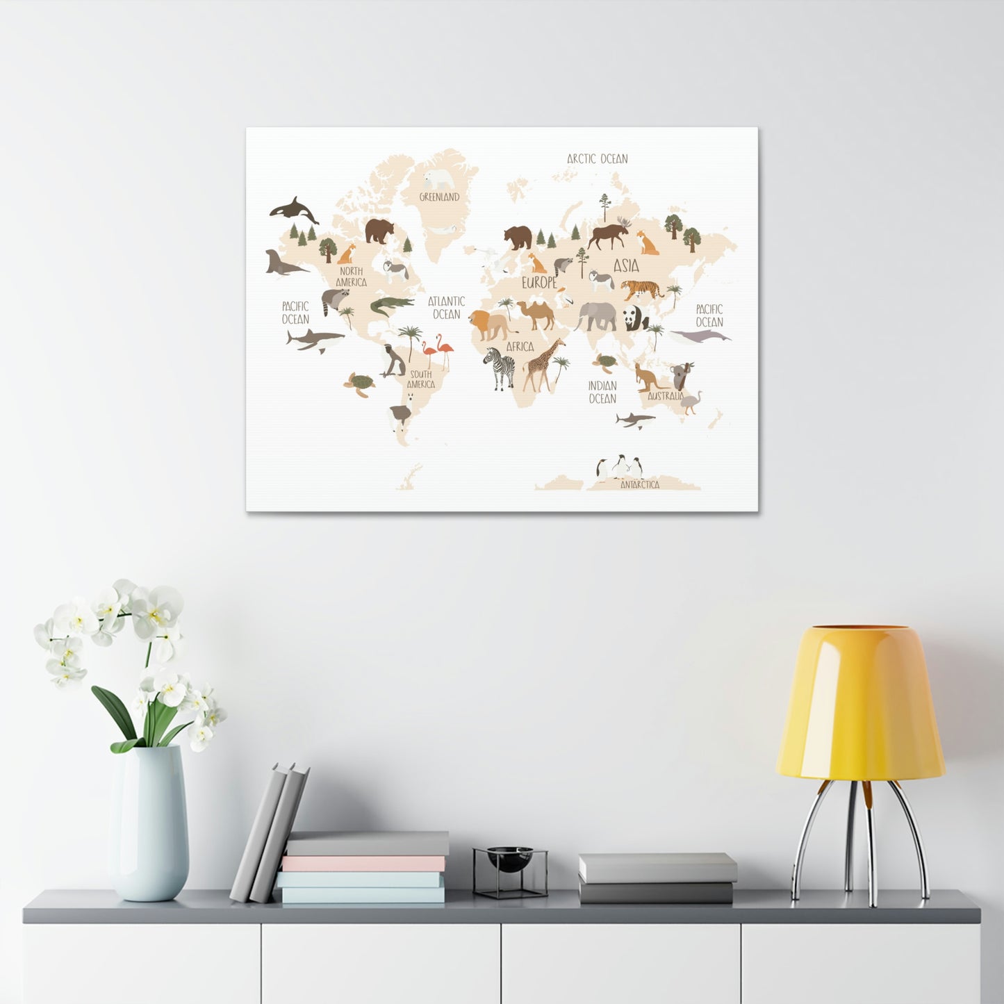 OVI Home Collection: Map of the World Children's Canvas Wall Art (Bright White)