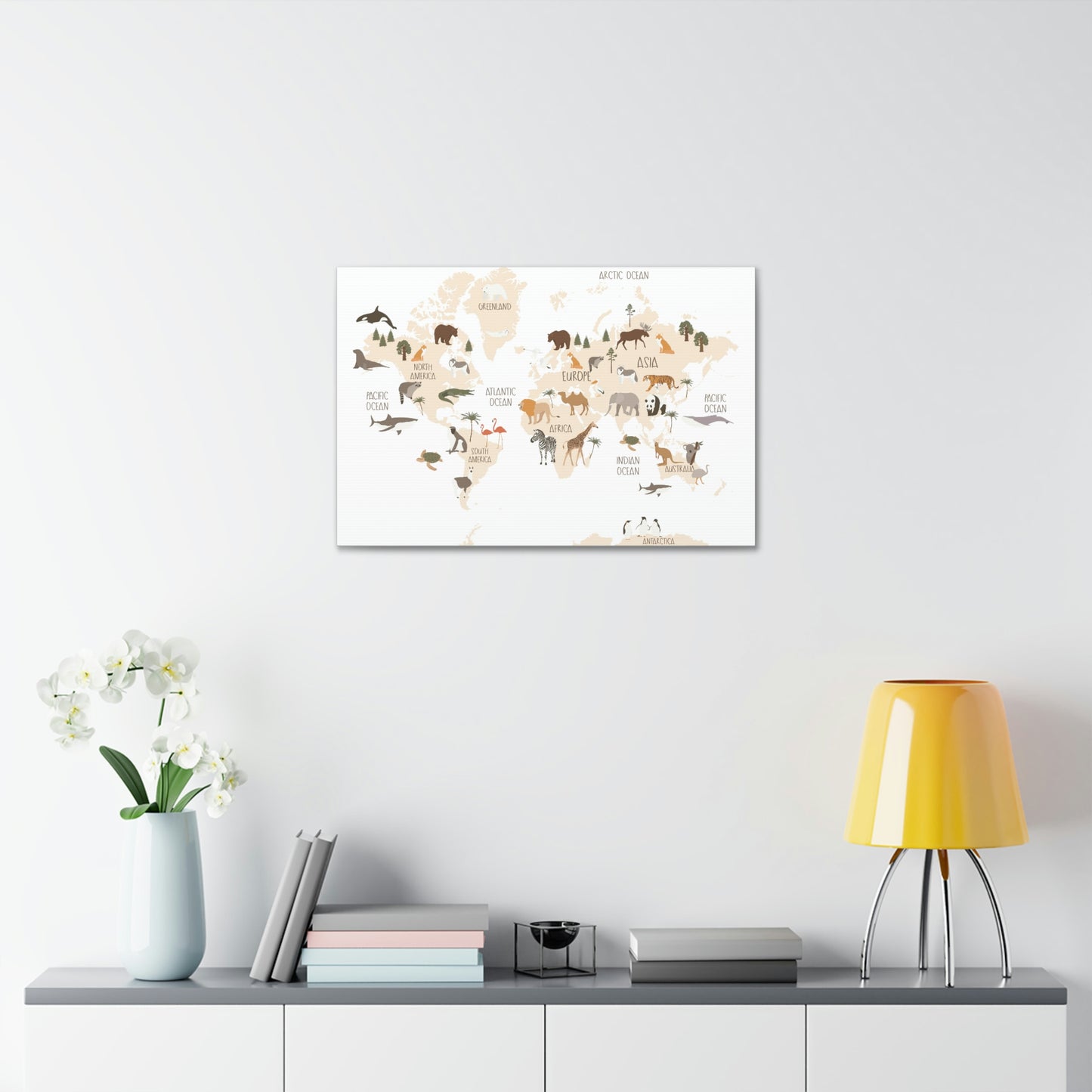 OVI Home Collection: Map of the World Children's Canvas Wall Art (Bright White)